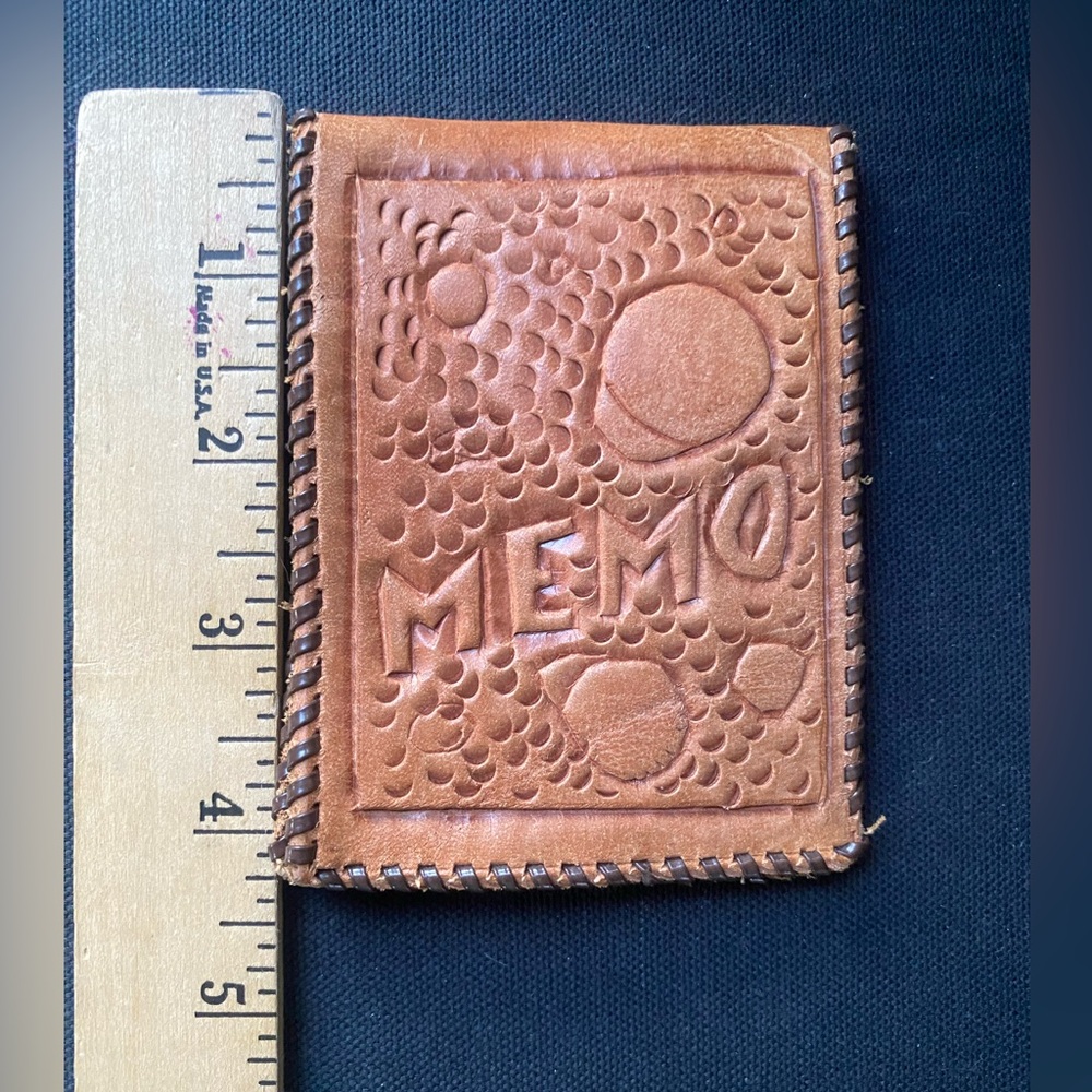 Vintage Handmade Tan and Brown Leather Memo Pad Note Holder Tooled Stamped - Picture 2 of 4